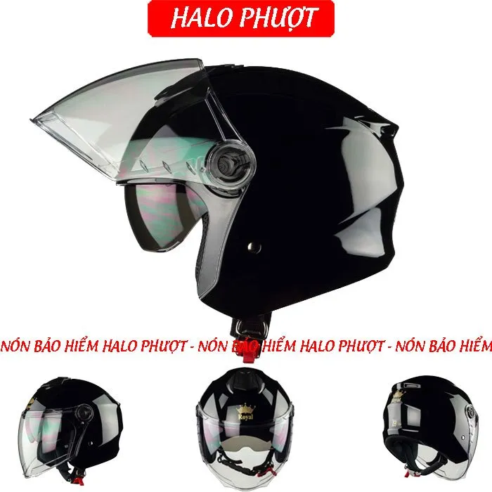 ( Tặng Tem KYT ) Nón bảo hiểm 3/4 2 kính Royal M668 (XH01 2 kính) - Đen Bóng